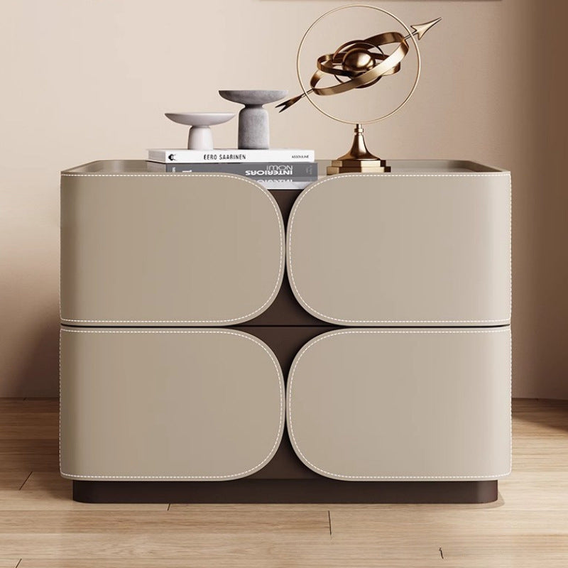 Contemporary Nordic Square Cube Rock Board Faux Saddle Leather Solid Wood Hardware Nightstand 2 - Drawer For Bedroom