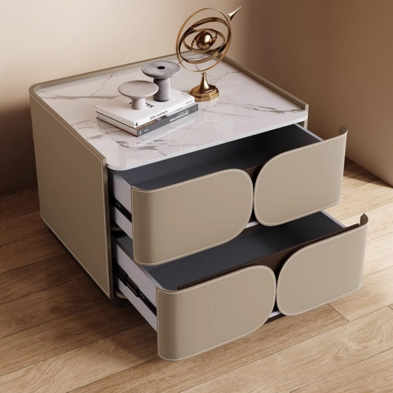 Contemporary Nordic Square Cube Rock Board Faux Saddle Leather Solid Wood Hardware Nightstand 2 - Drawer For Bedroom