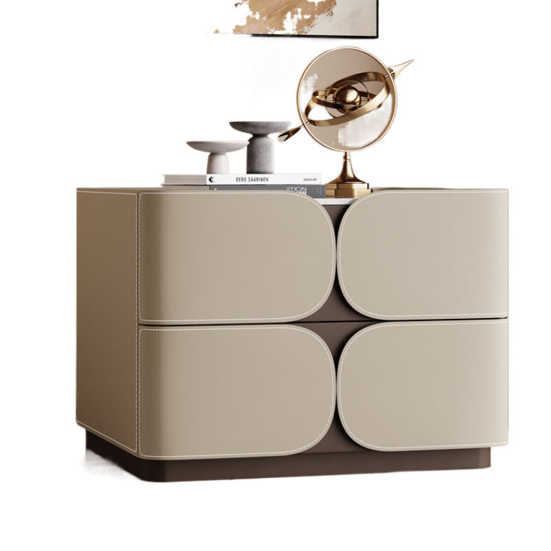 Contemporary Nordic Square Cube Rock Board Faux Saddle Leather Solid Wood Hardware Nightstand 2 - Drawer For Bedroom