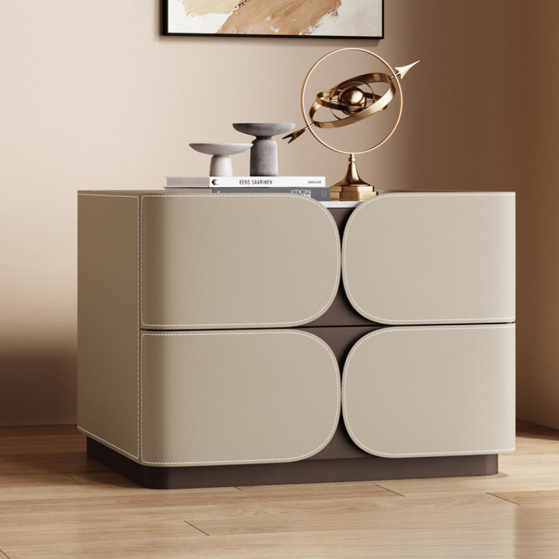 Contemporary Nordic Square Cube Rock Board Faux Saddle Leather Solid Wood Hardware Nightstand 2 - Drawer For Bedroom