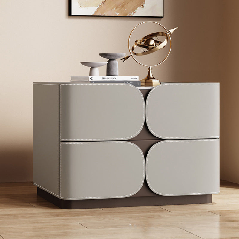 Contemporary Nordic Square Cube Rock Board Faux Saddle Leather Solid Wood Hardware Nightstand 2 - Drawer For Bedroom
