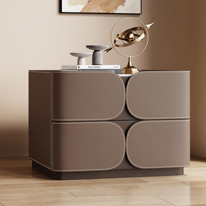 Contemporary Nordic Square Cube Rock Board Faux Saddle Leather Solid Wood Hardware Nightstand 2 - Drawer For Bedroom