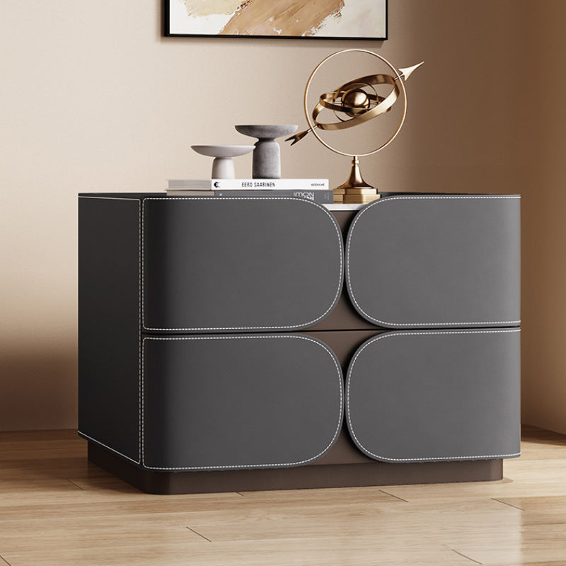 Contemporary Nordic Square Cube Rock Board Faux Saddle Leather Solid Wood Hardware Nightstand 2 - Drawer For Bedroom