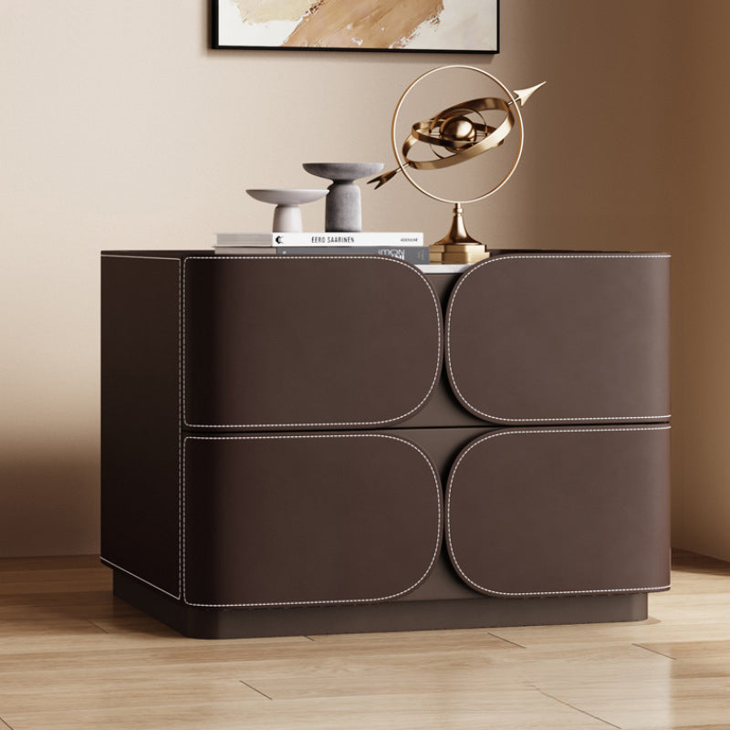 Contemporary Nordic Square Cube Rock Board Faux Saddle Leather Solid Wood Hardware Nightstand 2 - Drawer For Bedroom