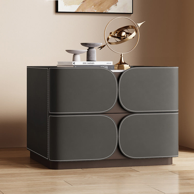 Contemporary Nordic Square Cube Rock Board Faux Saddle Leather Solid Wood Hardware Nightstand 2 - Drawer For Bedroom