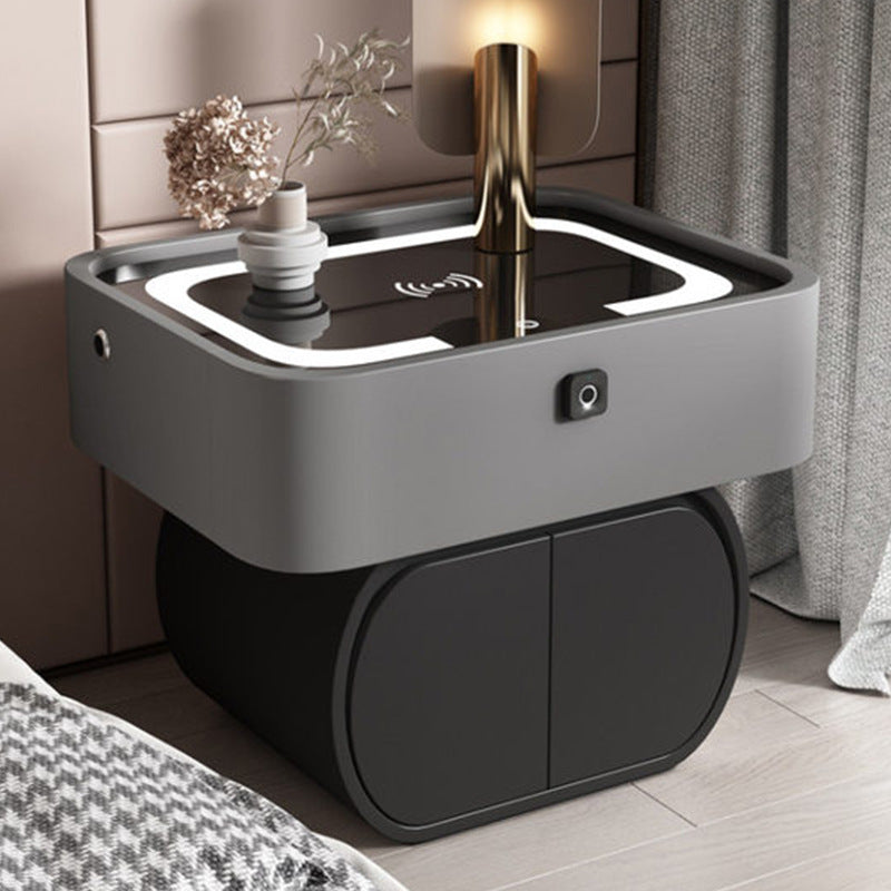 Contemporary Nordic Rectangular Glass Desktop Pine Faux Leather Nightstand 2 - Drawer For Bedroom