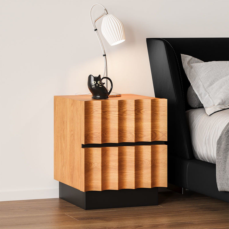 Contemporary Retro Square Water Ripples Pine Hardware Nightstand 2 - Drawer For Bedroom