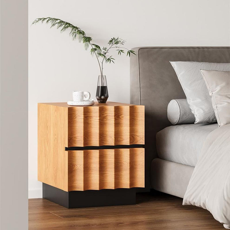 Contemporary Retro Square Water Ripples Pine Hardware Nightstand 2 - Drawer For Bedroom