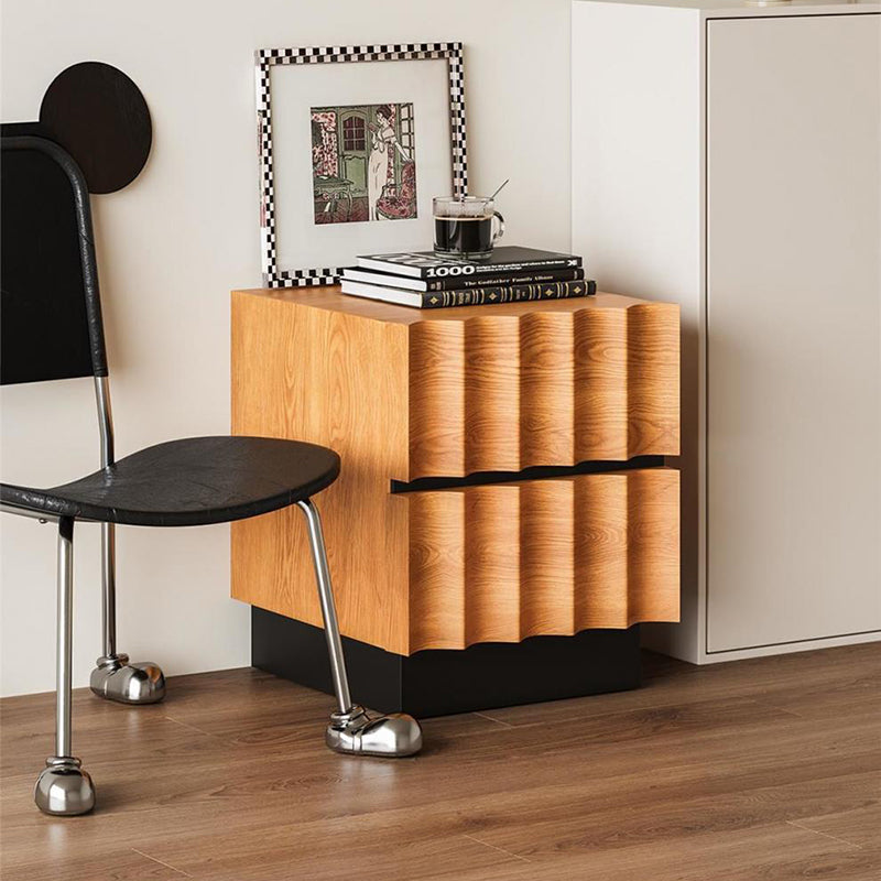 Contemporary Retro Square Water Ripples Pine Hardware Nightstand 2 - Drawer For Bedroom