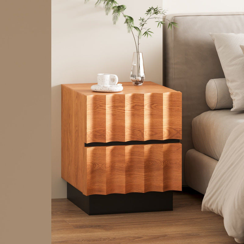 Contemporary Retro Square Water Ripples Pine Hardware Nightstand 2 - Drawer For Bedroom