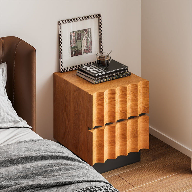 Contemporary Retro Square Water Ripples Pine Hardware Nightstand 2 - Drawer For Bedroom