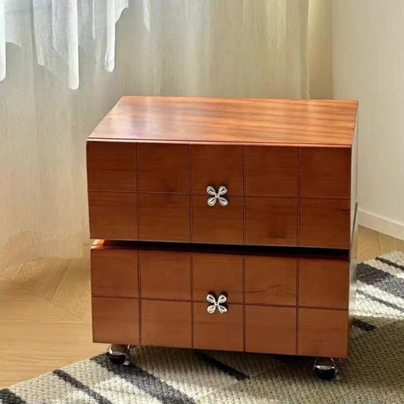 Contemporary Retro Square Cube Four Leaf Clover Swivel Pine Hardware Nightstand 2 - Drawer For Bedroom