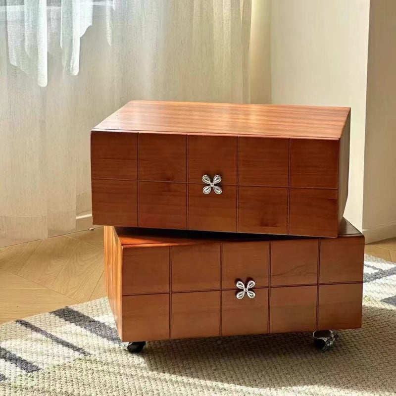 Contemporary Retro Square Cube Four Leaf Clover Swivel Pine Hardware Nightstand 2 - Drawer For Bedroom