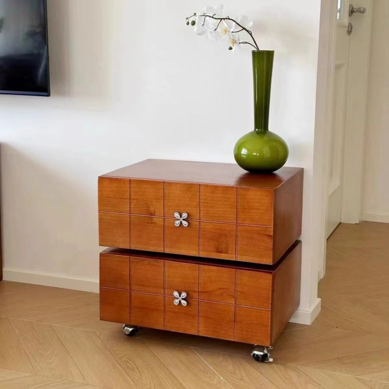 Contemporary Retro Square Cube Four Leaf Clover Swivel Pine Hardware Nightstand 2 - Drawer For Bedroom