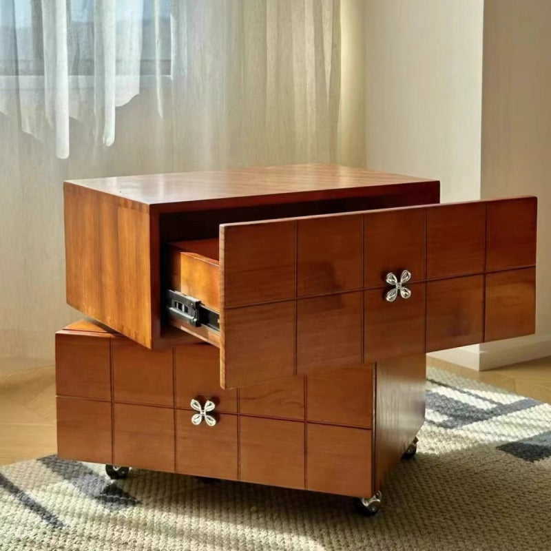 Contemporary Retro Square Cube Four Leaf Clover Swivel Pine Hardware Nightstand 2 - Drawer For Bedroom