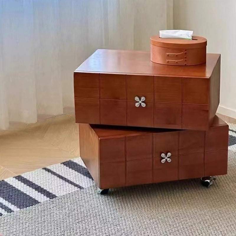 Contemporary Retro Square Cube Four Leaf Clover Swivel Pine Hardware Nightstand 2 - Drawer For Bedroom