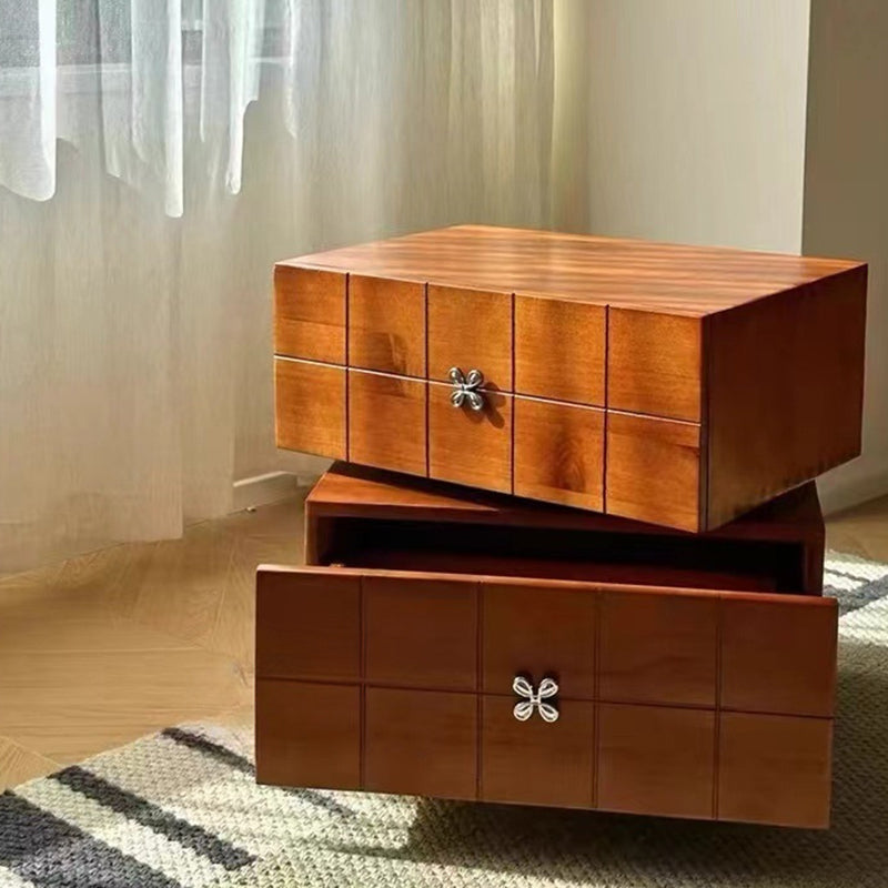 Contemporary Retro Square Cube Four Leaf Clover Swivel Pine Hardware Nightstand 2 - Drawer For Bedroom