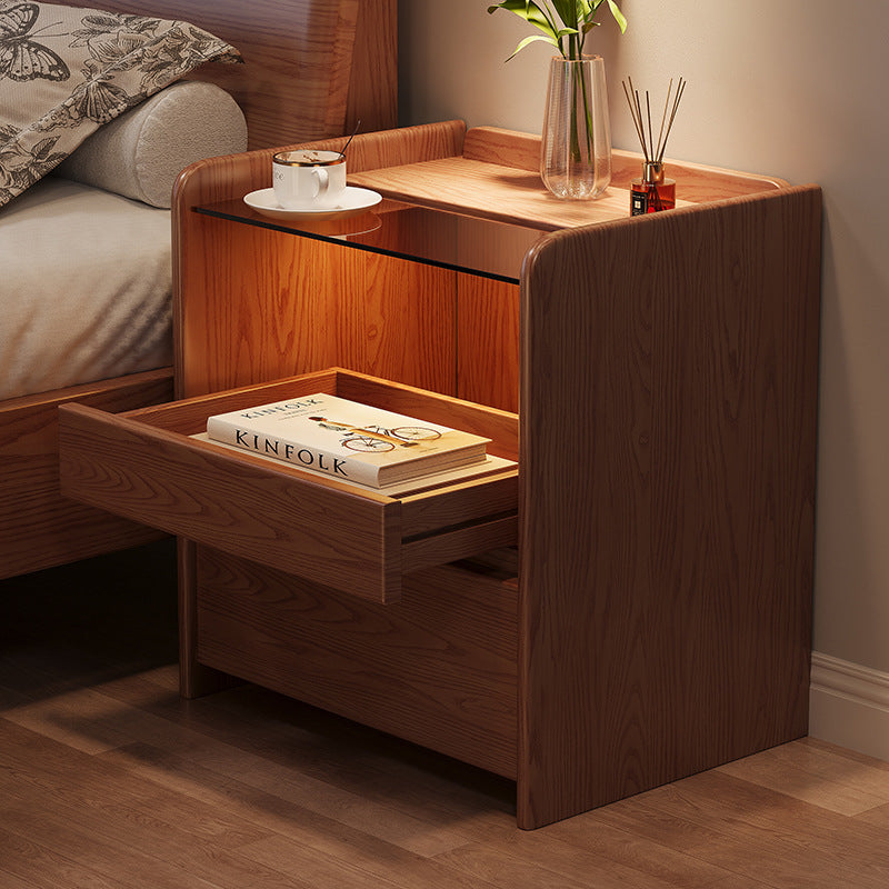 Modern Minimalist Square Cube Glass Ash Solid Wood Nightstand 2 - Drawer For Bedroom
