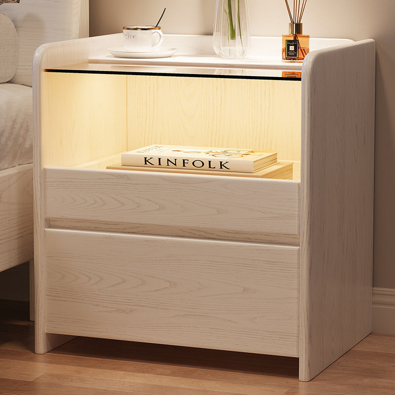 Modern Minimalist Square Cube Glass Ash Solid Wood Nightstand 2 - Drawer For Bedroom