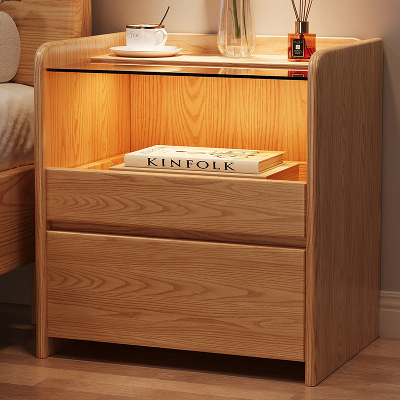 Modern Minimalist Square Cube Glass Ash Solid Wood Nightstand 2 - Drawer For Bedroom
