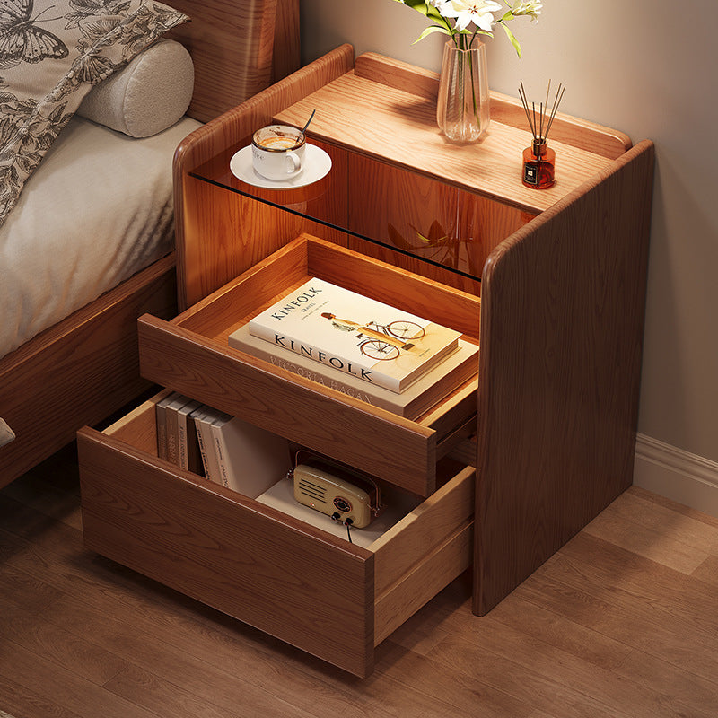Modern Minimalist Square Cube Glass Ash Solid Wood Nightstand 2 - Drawer For Bedroom