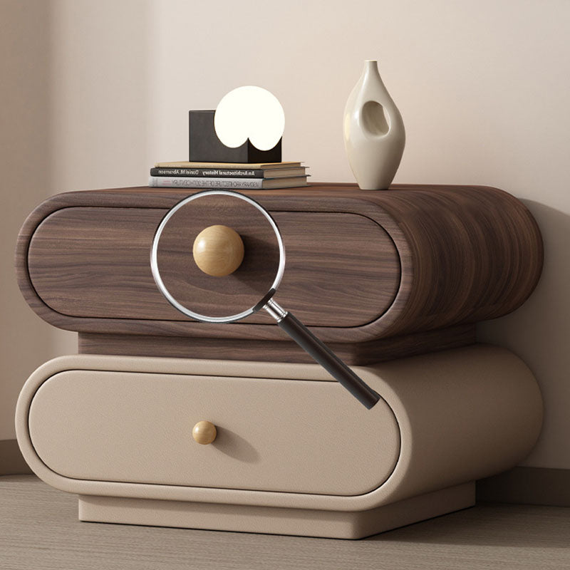 Contemporary Nordic Square Oval Solid Wood Faux Leather Nightstand 2-Drawer For Bedroom