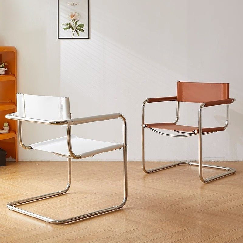 Modern Mid-Century Saddle Leather & Stainless Steel Square Dining Chair With Backrest And Armrest For Dining Room