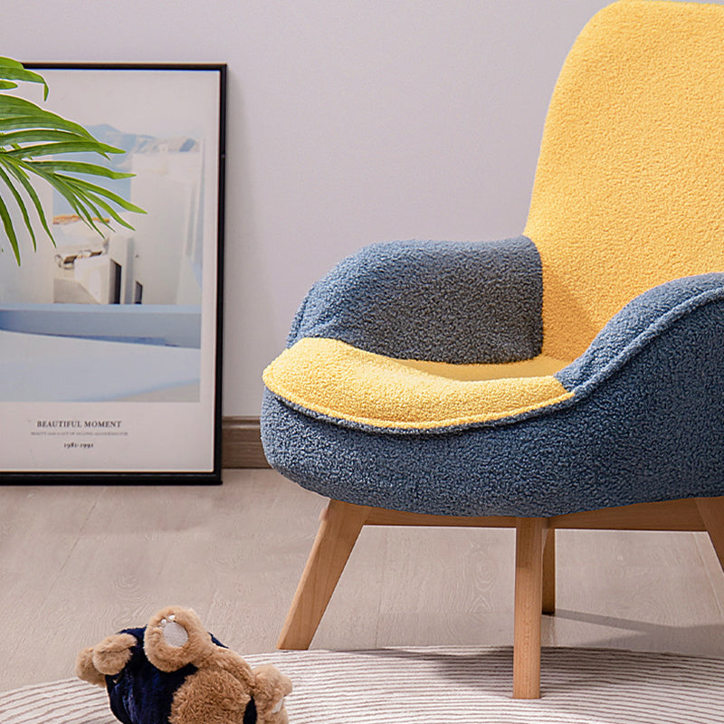 Modern Minimalist Teddy Velvet & Wood Curved Sofa Chair With Foldable Backrest For Kids Bedroom & Living Room
