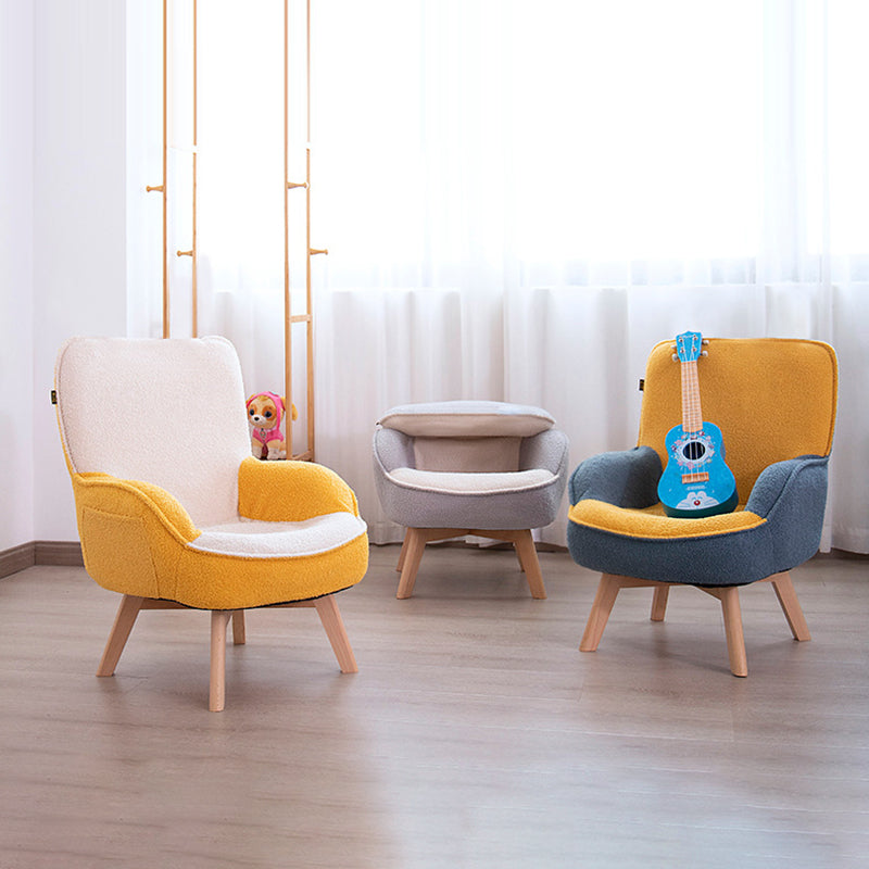 Modern Minimalist Teddy Velvet & Wood Curved Sofa Chair With Foldable Backrest For Kids Bedroom & Living Room