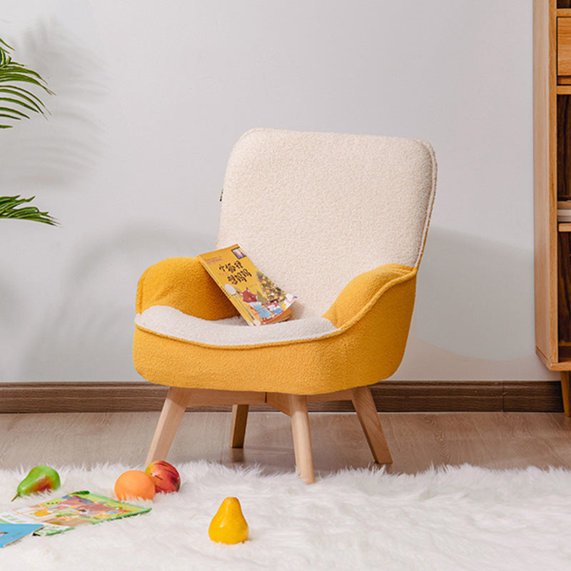 Modern Minimalist Teddy Velvet & Wood Curved Sofa Chair With Foldable Backrest For Kids Bedroom & Living Room