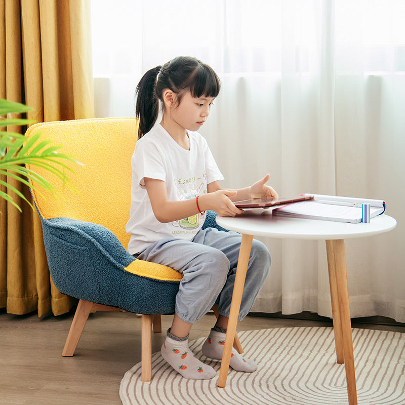 Modern Minimalist Teddy Velvet & Wood Curved Sofa Chair With Foldable Backrest For Kids Bedroom & Living Room