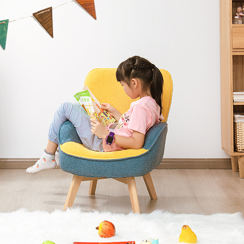 Modern Minimalist Teddy Velvet & Wood Curved Sofa Chair With Foldable Backrest For Kids Bedroom & Living Room