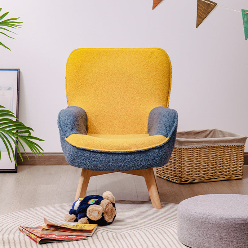 Modern Minimalist Teddy Velvet & Wood Curved Sofa Chair With Foldable Backrest For Kids Bedroom & Living Room