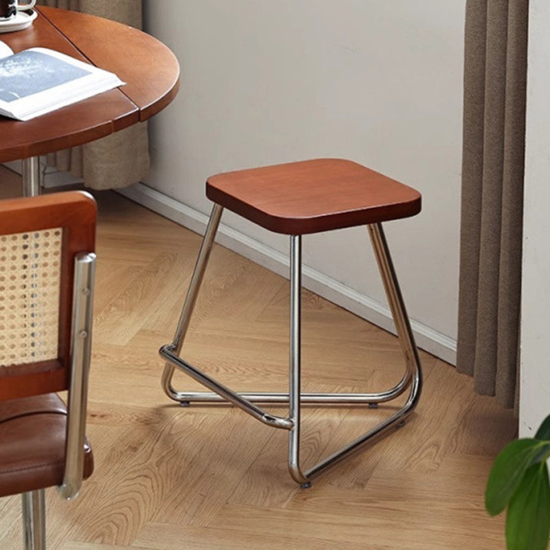 Contemporary Nordic Wood & Stainless Steel Rectangular Seat Low Stool With Triangular Base For Bedroom, Living Room, Dining Room
