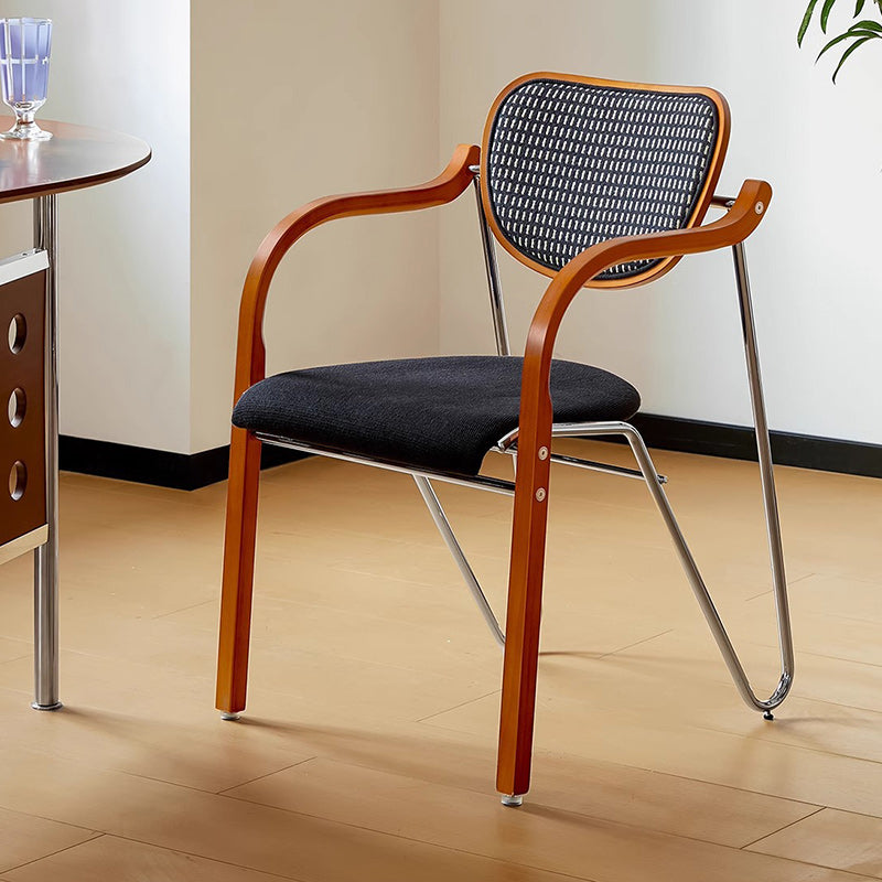 Traditional Vintage Iron Wood & Fabric Curved Dining Chair For Bedroom, Living Room And Dining Room