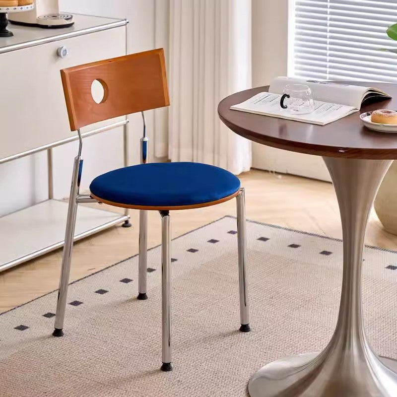 Traditional Vintage Velvet Wood & Stainless Steel Curved Round Dining Chair For Bedroom, Living Room And Kitchen