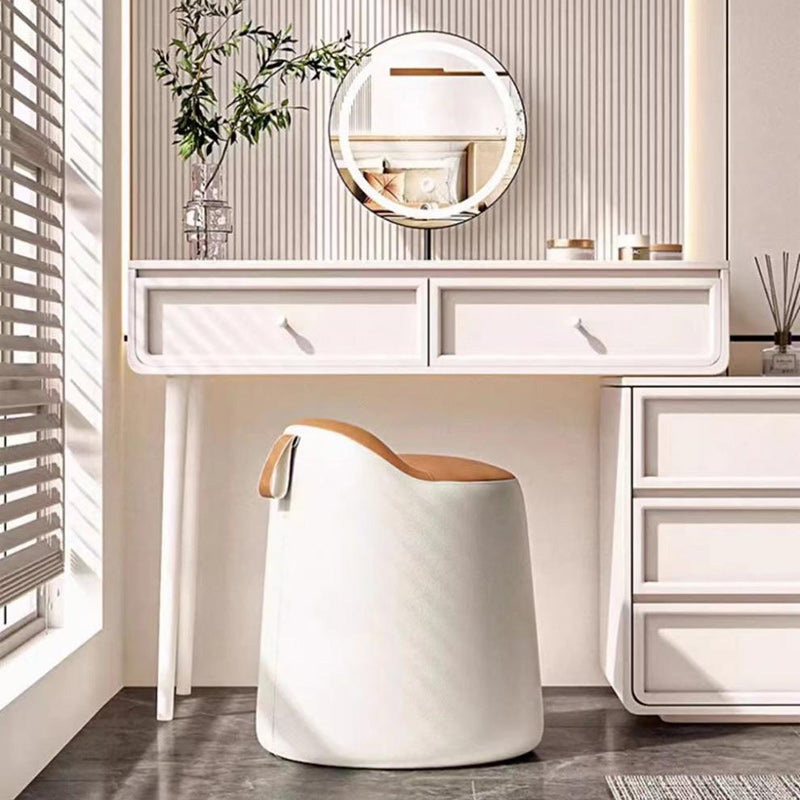 Modern Minimalist Faux Leather & Wood Cylindrical Vanity Stool For Bedroom & Living Room