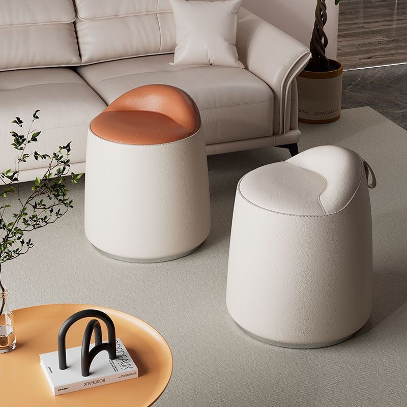 Modern Minimalist Faux Leather & Wood Cylindrical Vanity Stool For Bedroom & Living Room