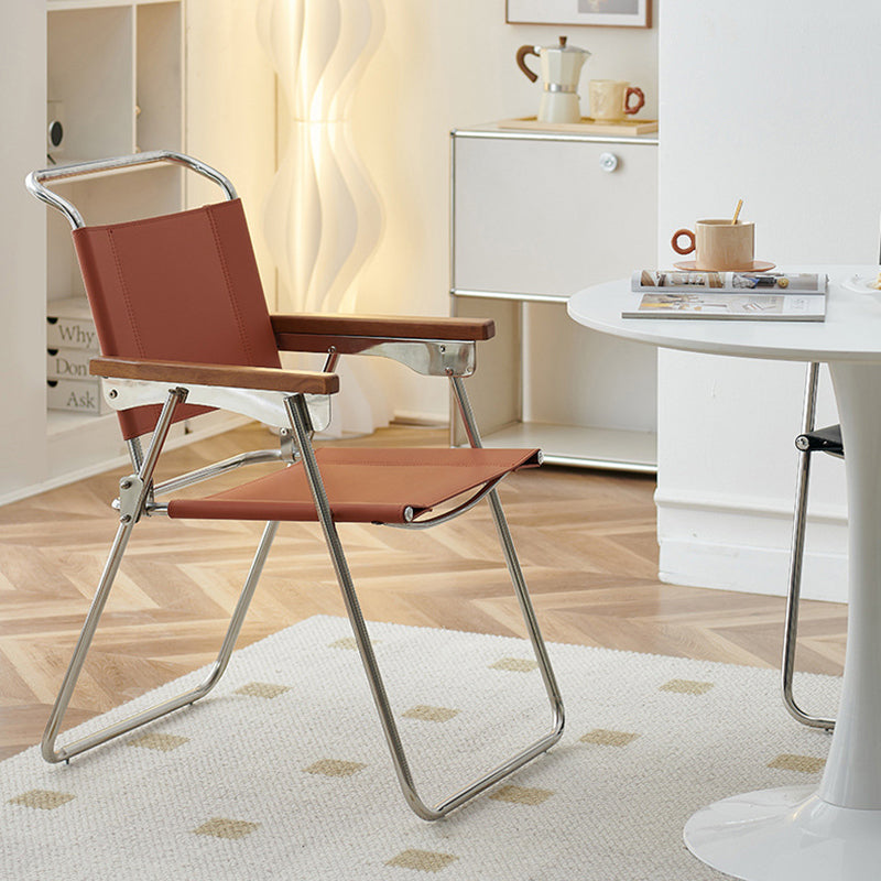 Contemporary Nordic Saddle Faux Leather & Stainless Steel Square Dining Chair With Foldable Design For Bedroom & Living Room