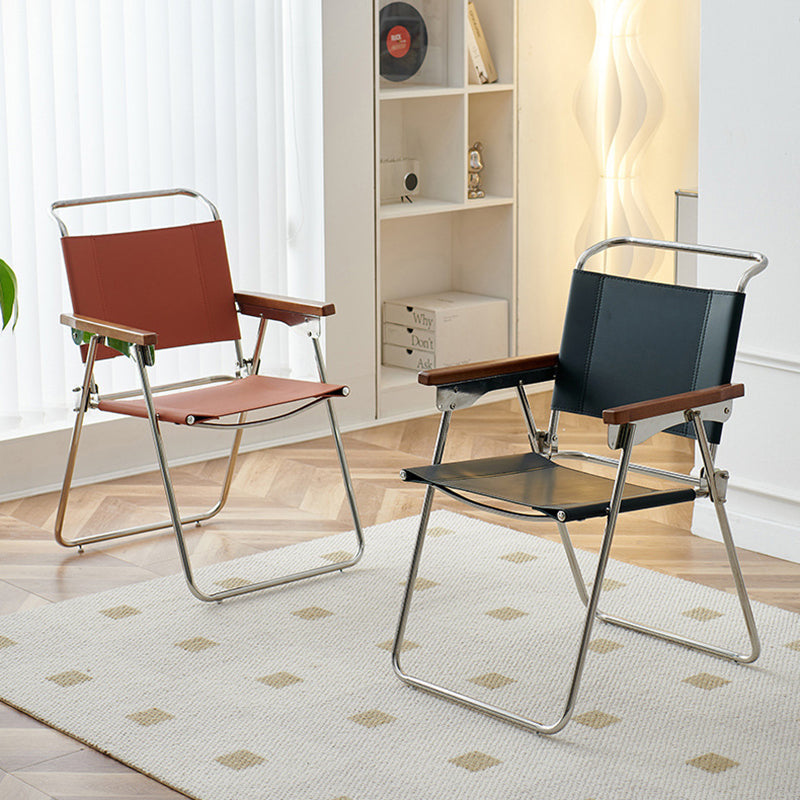 Contemporary Nordic Saddle Faux Leather & Stainless Steel Square Dining Chair With Foldable Design For Bedroom & Living Room