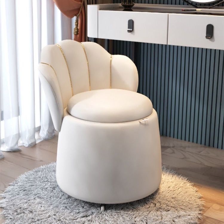 Contemporary Nordic Velvet & Wood Petal-Shaped Round Vanity Stool With 1-Storage For Bedroom & Living Room