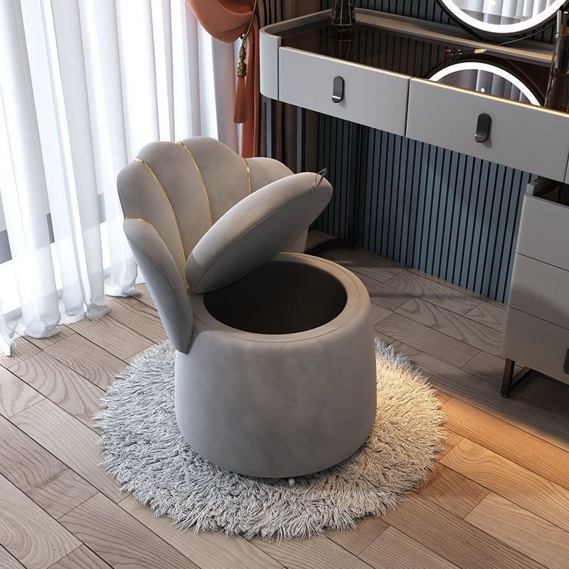 Contemporary Nordic Velvet & Wood Petal-Shaped Round Vanity Stool With 1-Storage For Bedroom & Living Room