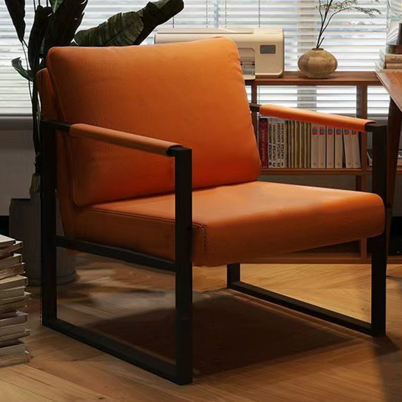 Contemporary Nordic Faux Nappa Leather & Iron Square Accent Chair For Bedroom & Living Room