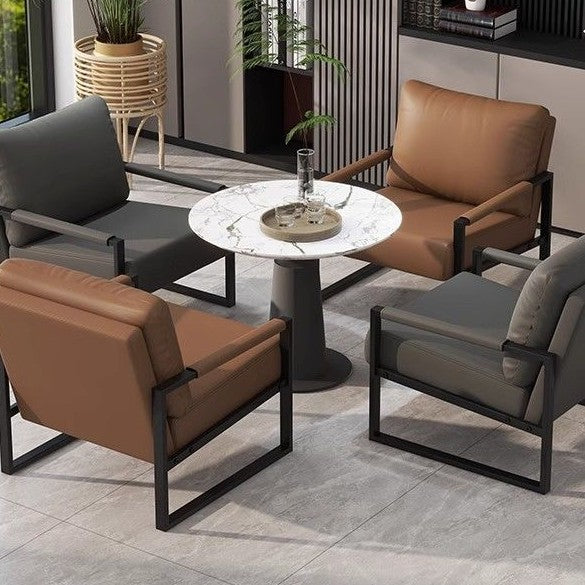 Contemporary Nordic Faux Nappa Leather & Iron Square Accent Chair For Bedroom & Living Room