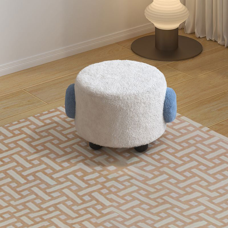 Contemporary Nordic Lambswool Wood Round Low Stool For Bedroom & Living Room
