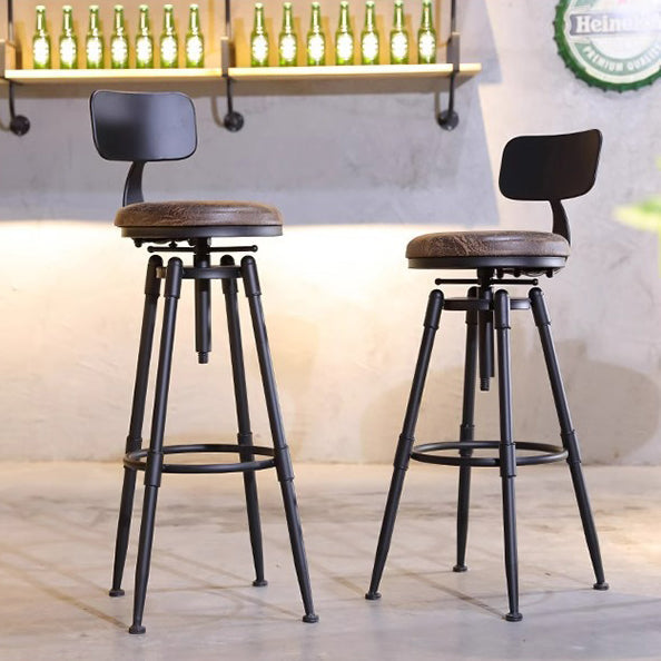 Contemporary Industrial Solid Wood Leather Iron Round Square Bar Stool With Backrest For Living Room & Dining Room