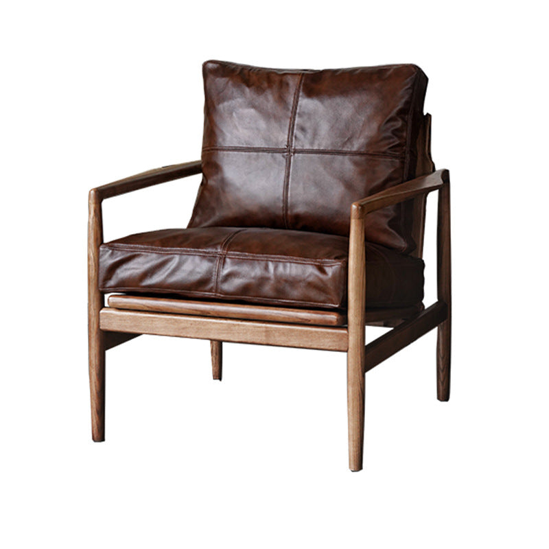 Traditional Japanese Leather Wood Square Straight-Edge Accent Chair With Backrest Armrests For Bedroom & Living Room