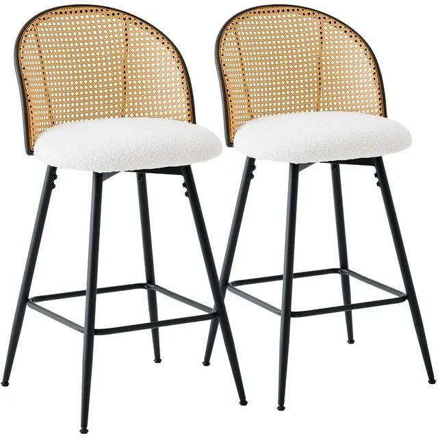 Contemporary Simplicity Round Flannel Upholstered Swivel Bar Stool PE Woven Rattan Backrest Footrest For Dining Room