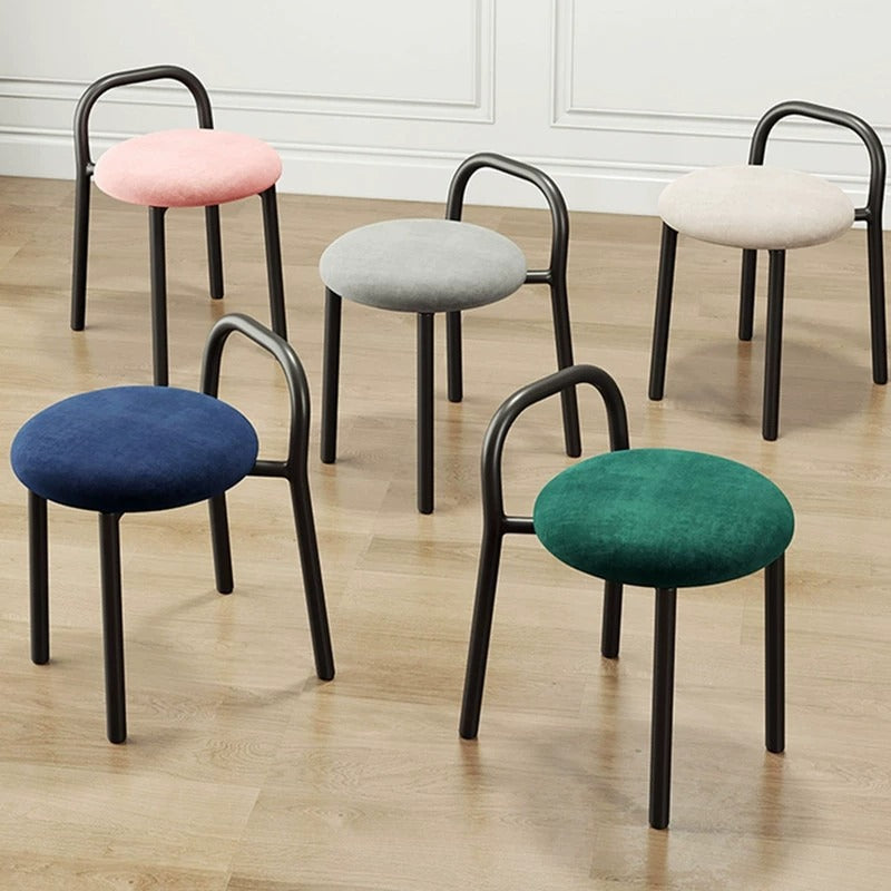Contemporary Scandinavian Round Velvet Metal Frame Vanity Stool Low Back For Bedroom