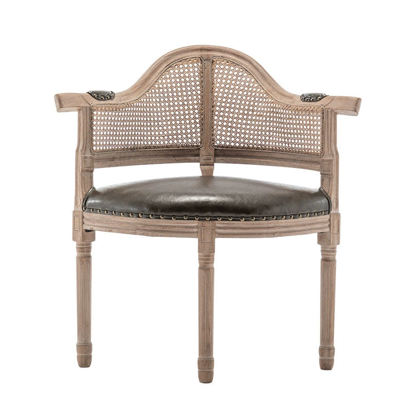 Traditional European Triangle Genuine Leather Upholstered Solid Wood Dining Chair Arc Backrest For Dining Room